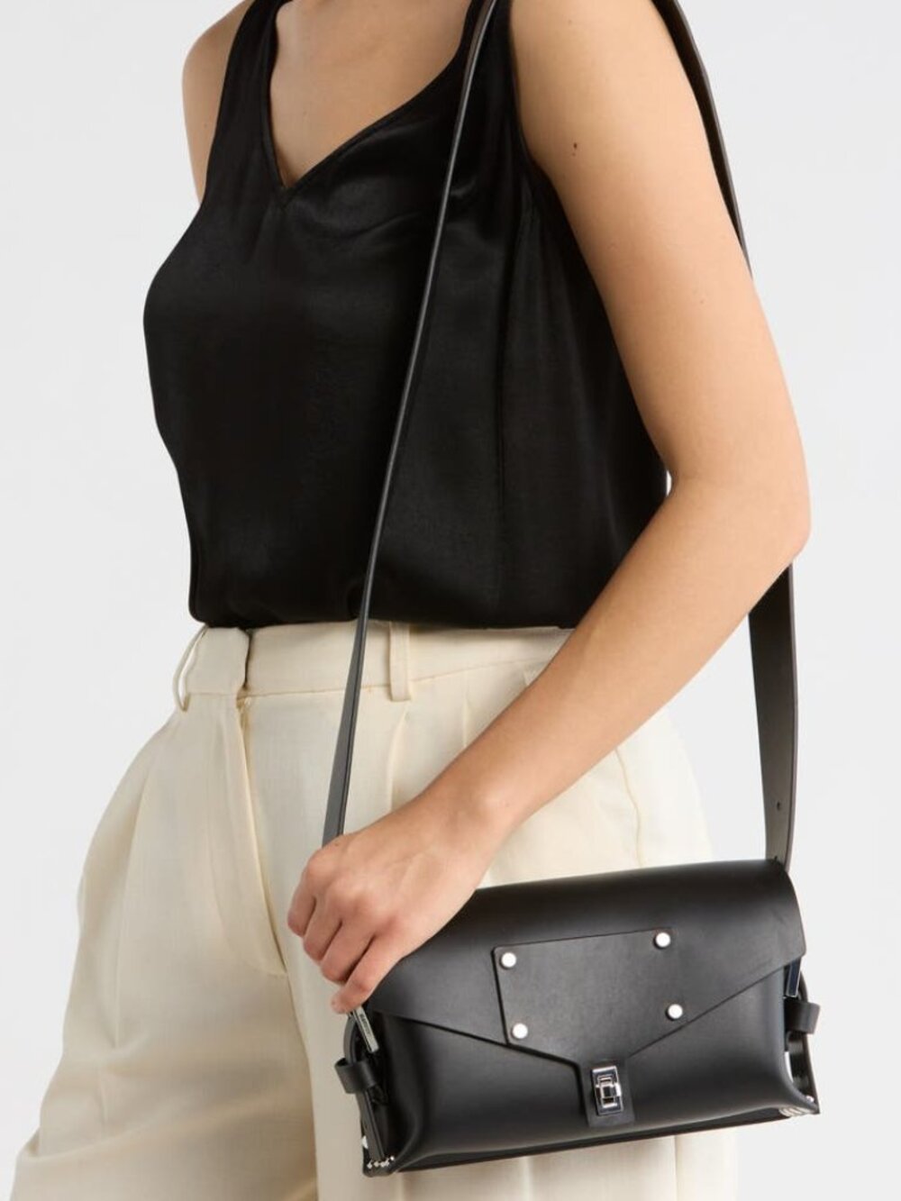 AllSaints Miro Leather Satchel Crossbody Black Silver Stud Details NWT Dust Bag